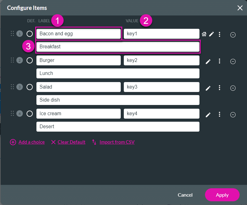 Configure Items screen
