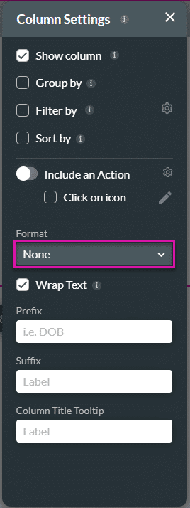 Column Settings screen