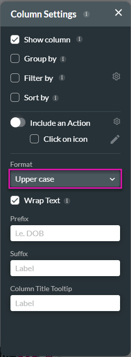 Column Settings screen