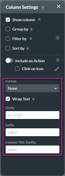 Column Settings screen