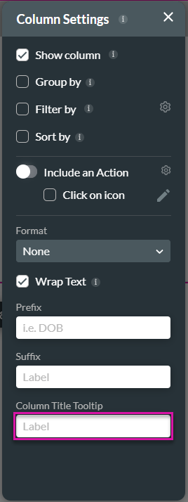 Column Settings screen