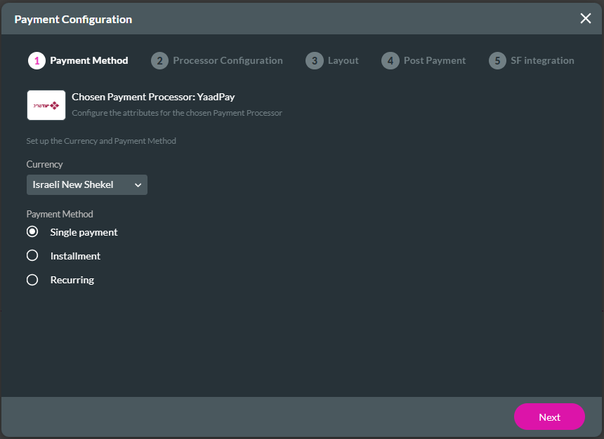 Payment Configuration > Payment Method screen