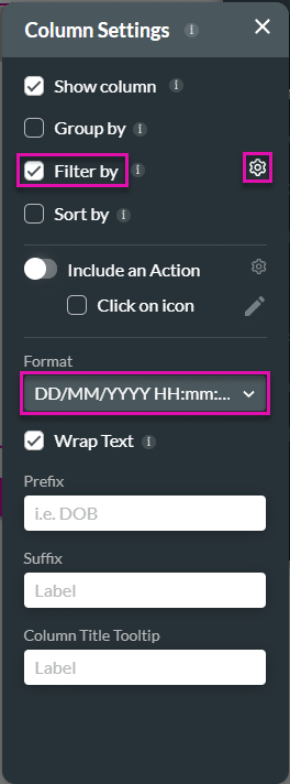 Columns Settings screen