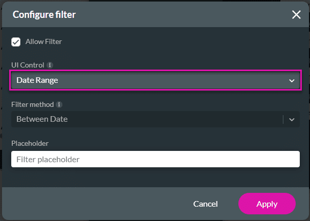 Configure filter screen