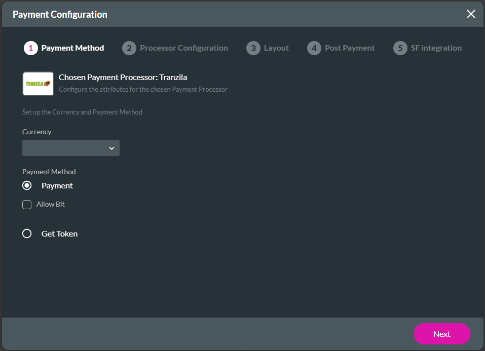 Payment Configuration > Payment Method screen