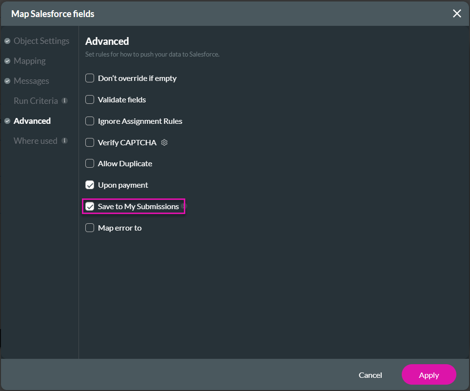 Map Salesforce fields screen