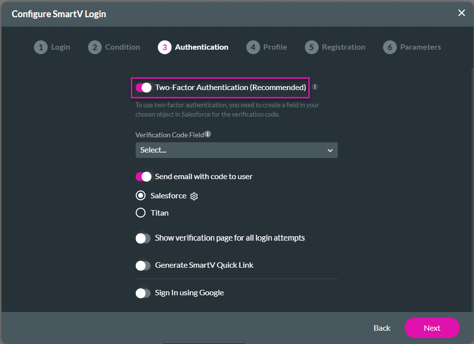Two-Factor Authentication toggle switch