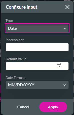 Configure Input screen - Date