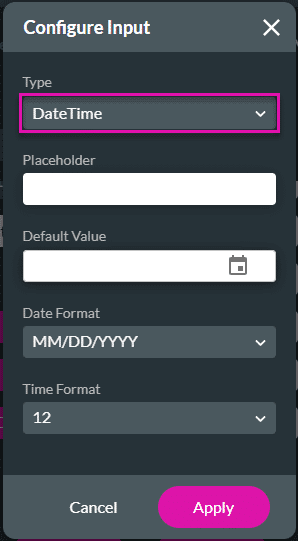Configure Input screen - DateTime