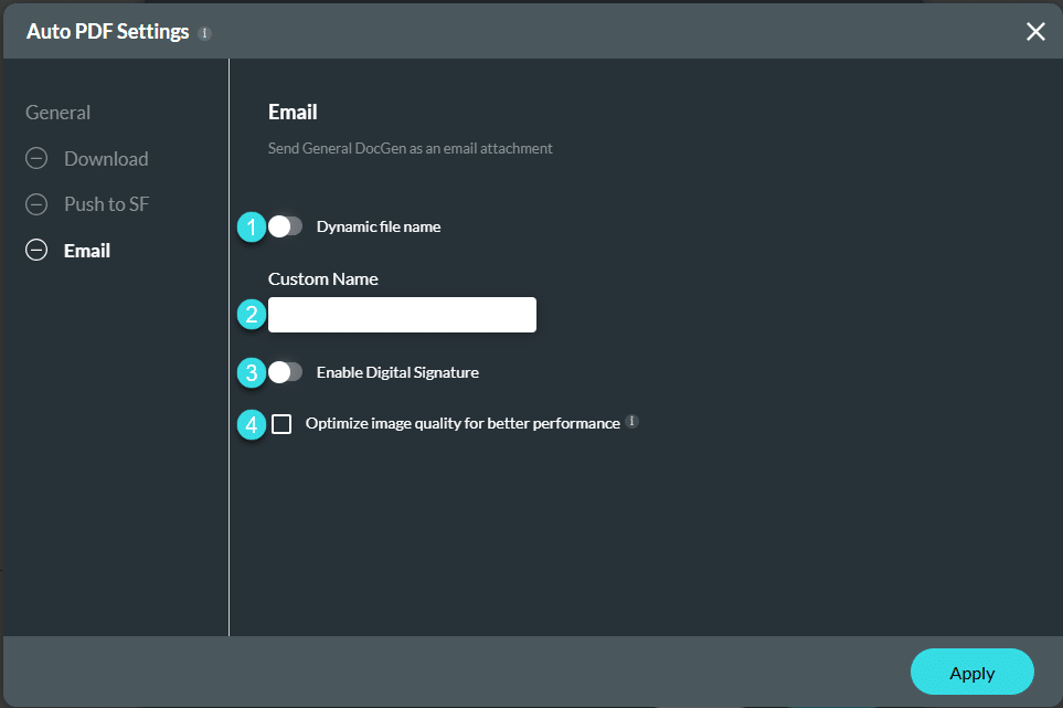 Document Generation screen - Email