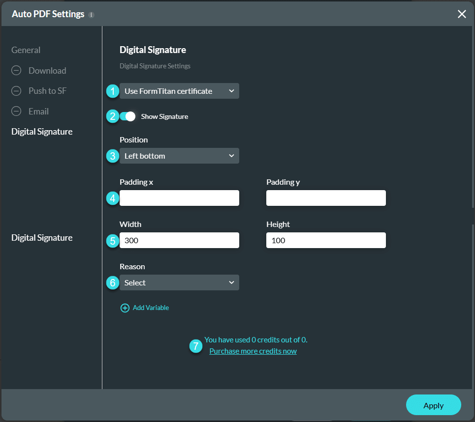 Document Generation screen - Digital Signature