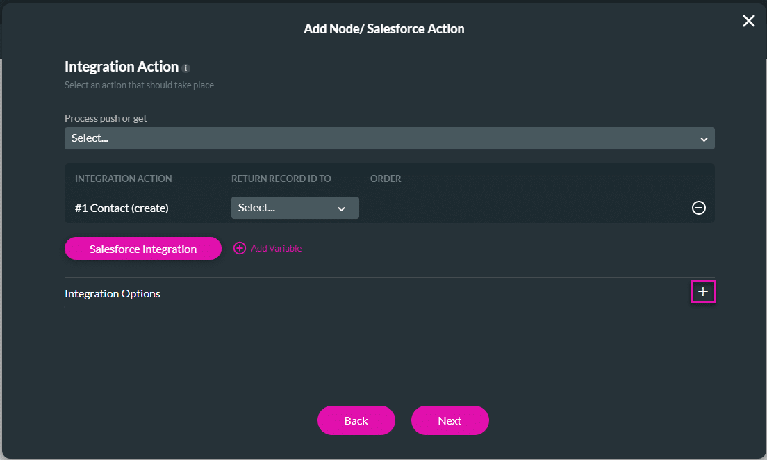 Add Node/Salesforce Action screen