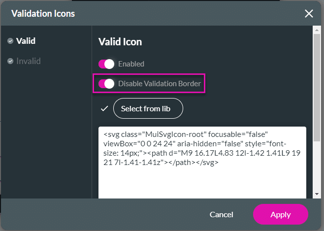 Validation Icons screen