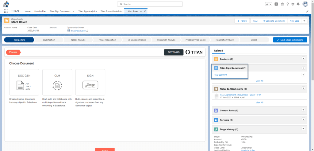 Titan Sign Document tab