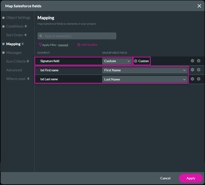 Map Salesforce fields screen