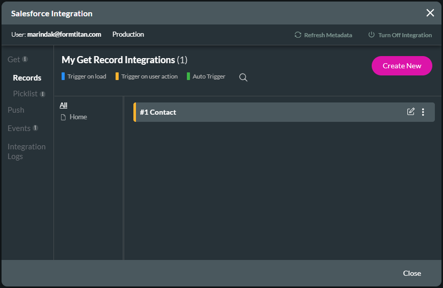 Salesforce Integration screen