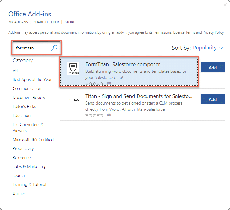 Office Add-ins screen