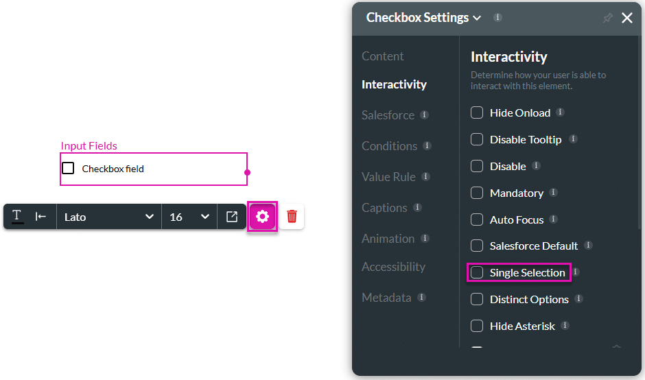 Single Selection checkbox