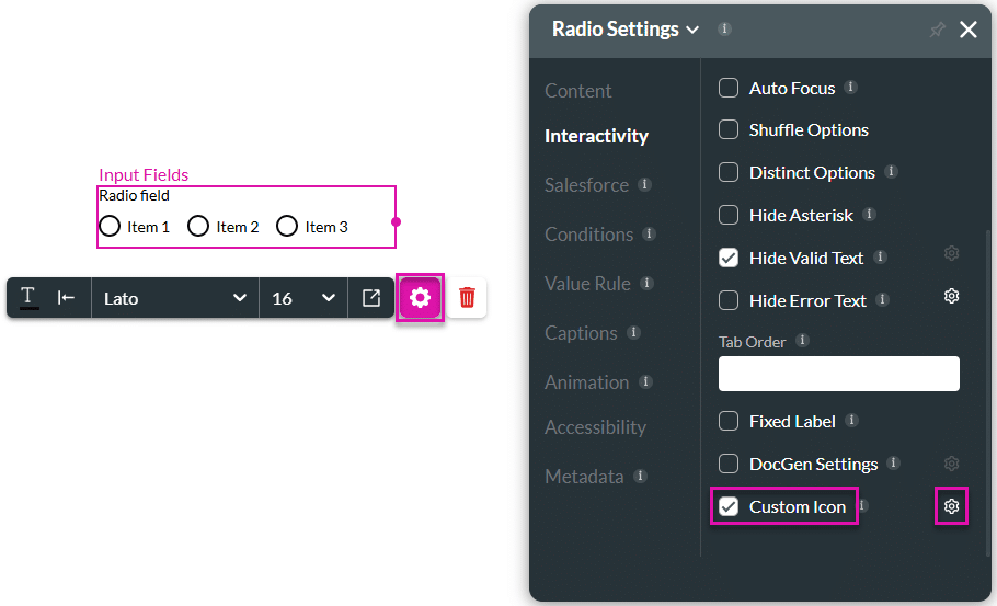 Custom Icon checkbox and Gear icon