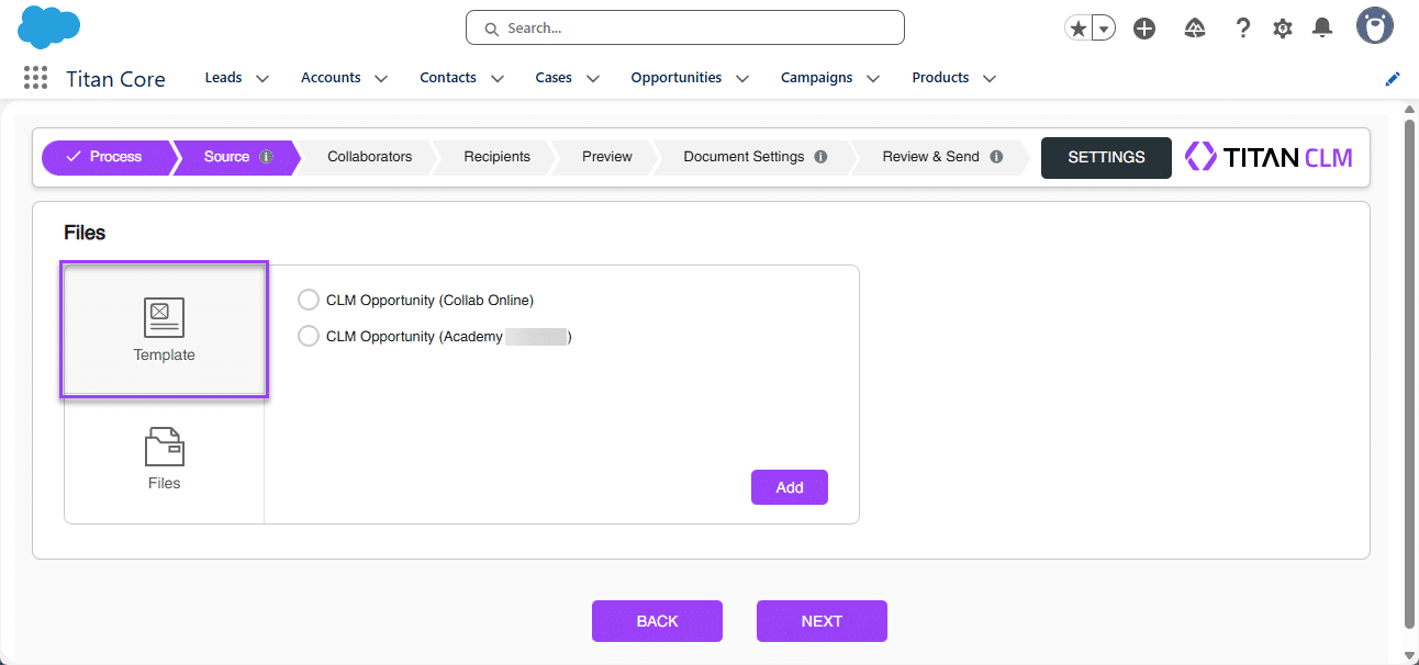 Source screen - add template option