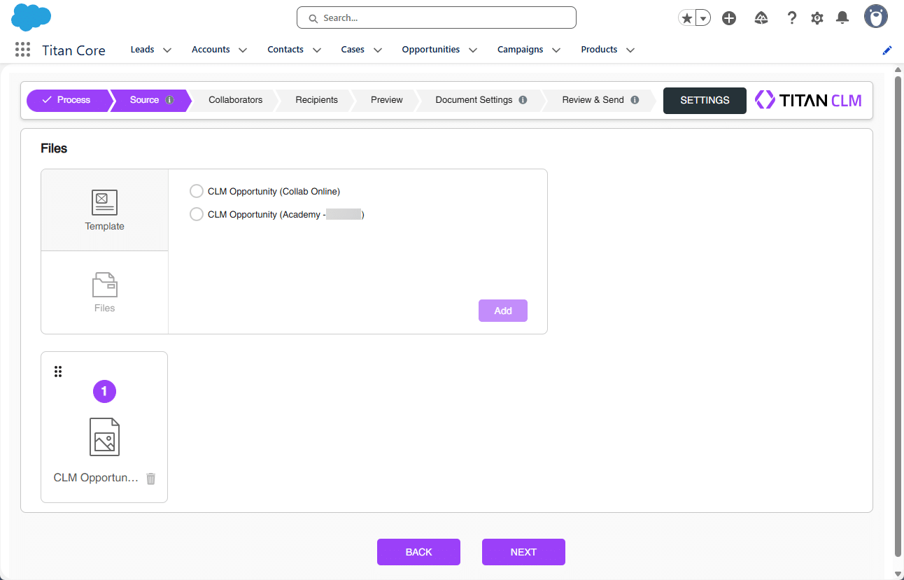 Source screen - template added