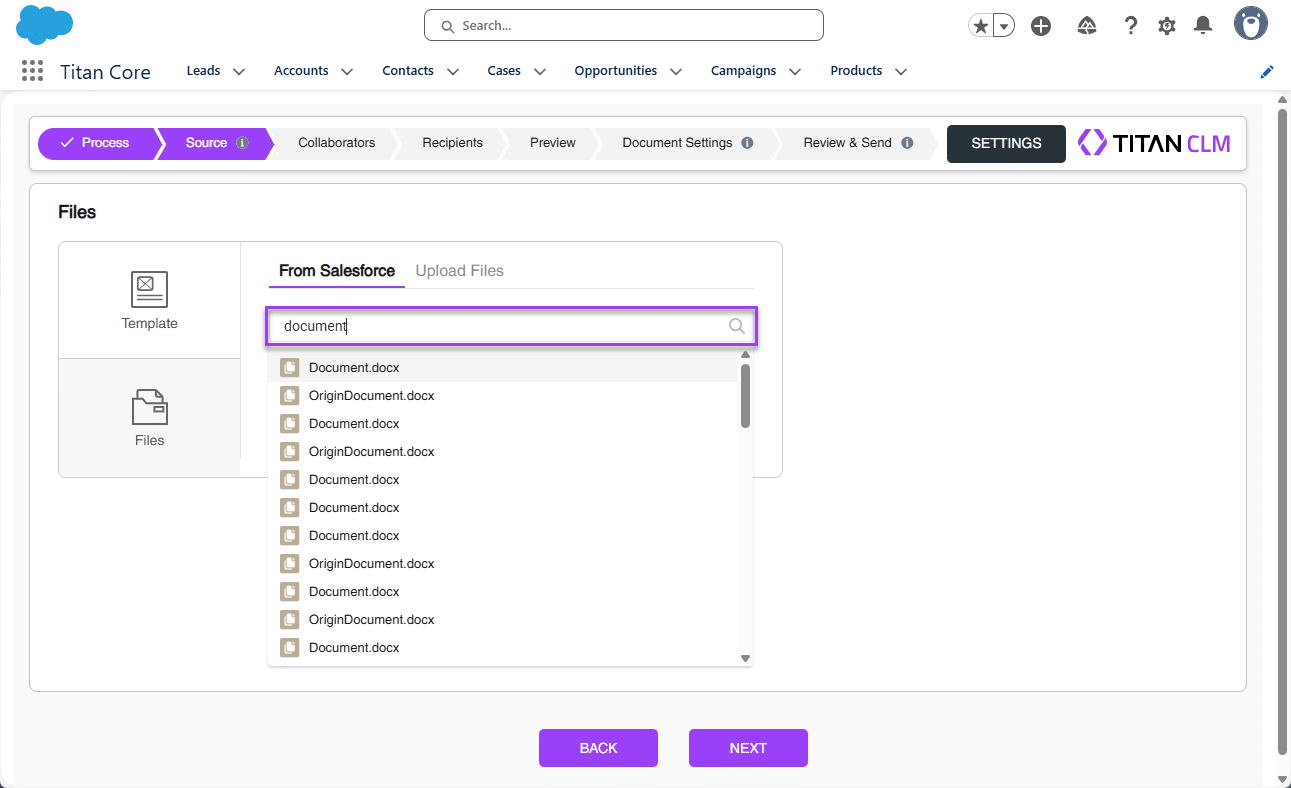 Source screen - From Salesforce option search