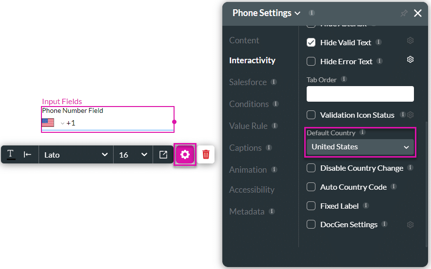 Default Country drop-down list