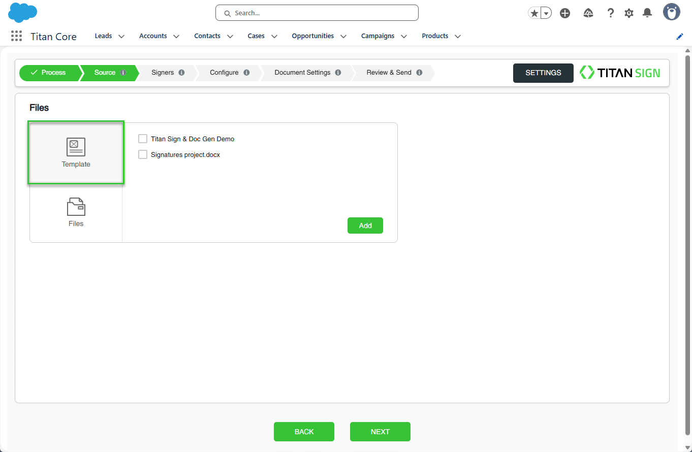 Source screen - add template option.