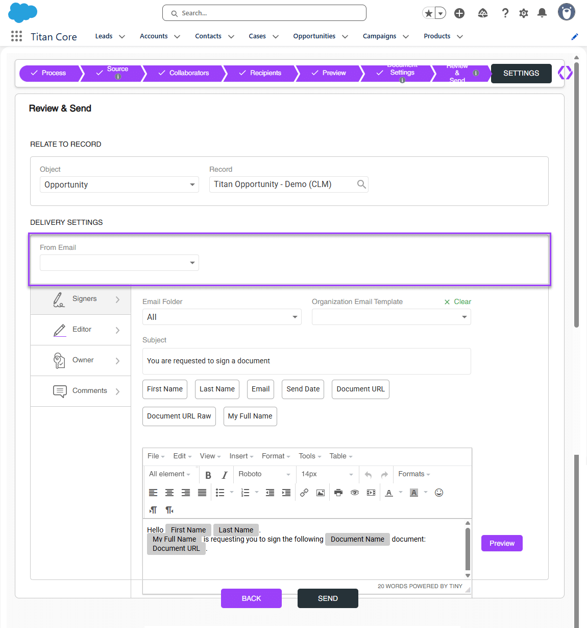 Email settings section