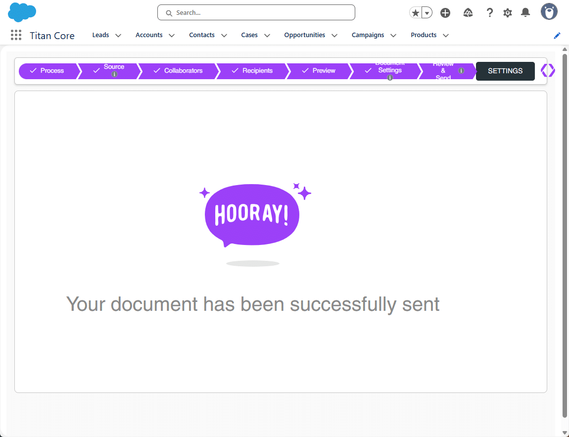 Your document has been successfully sent message