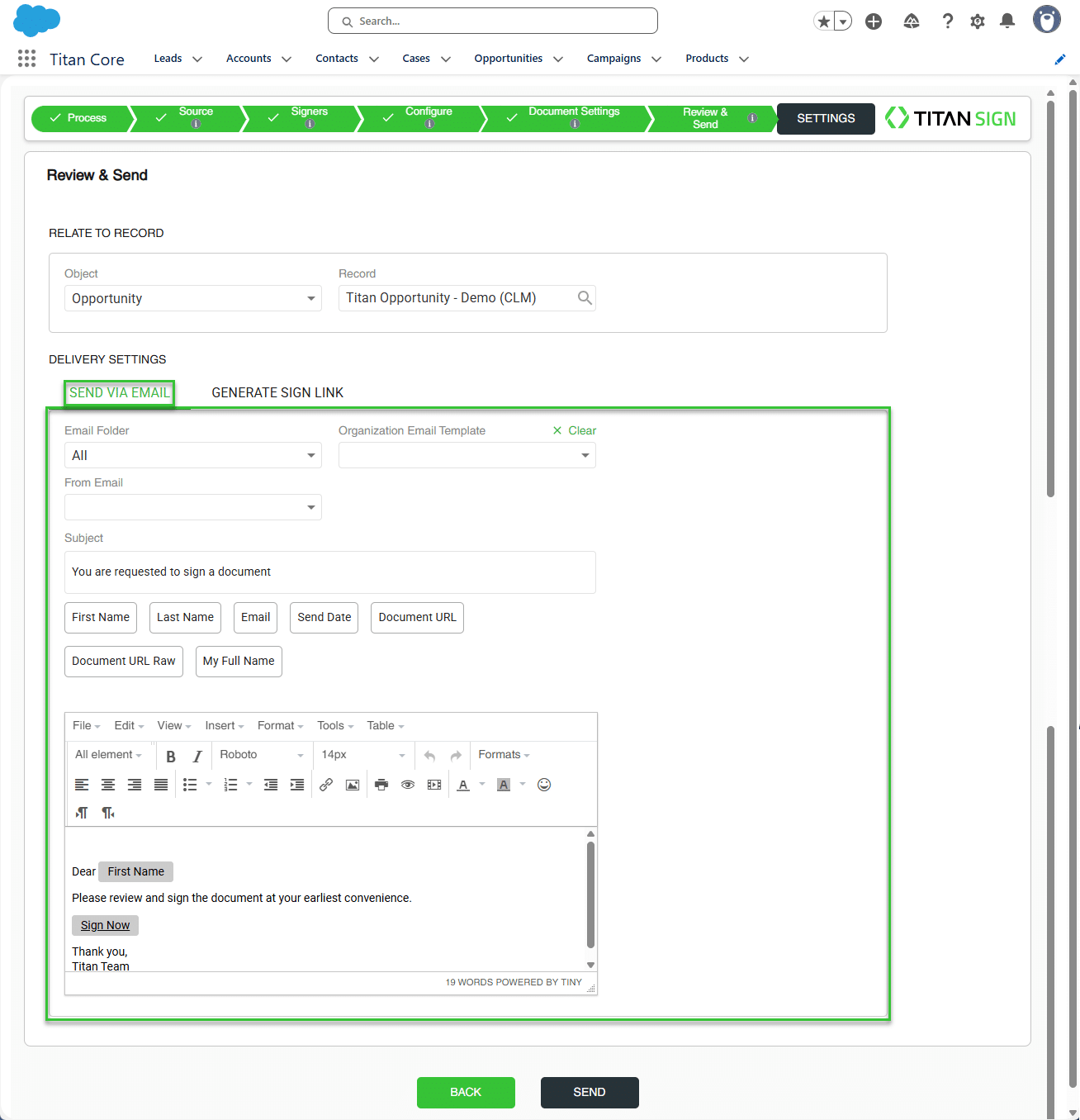 Email settings section