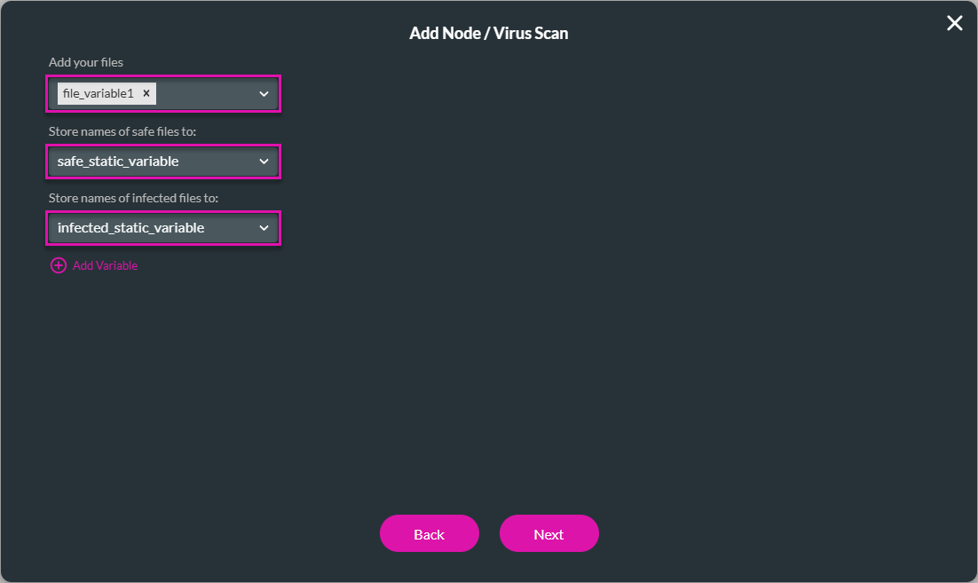 AddNode/Virus Scan screen