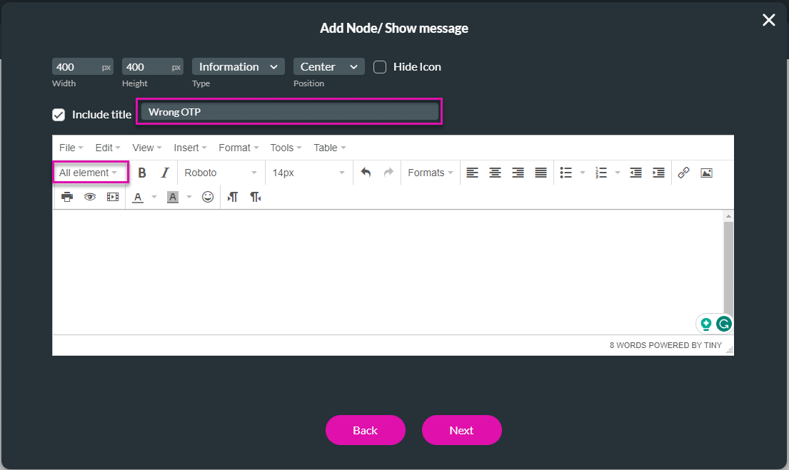 Add Node/Show message screen