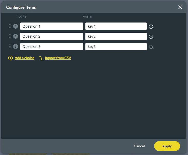 Configure Items screen - Questions
