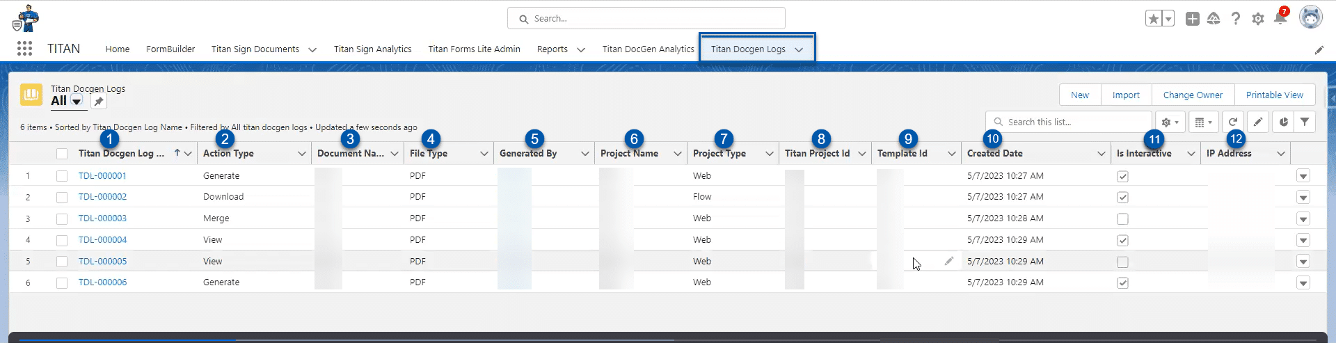 Titan DocGen Logs tab