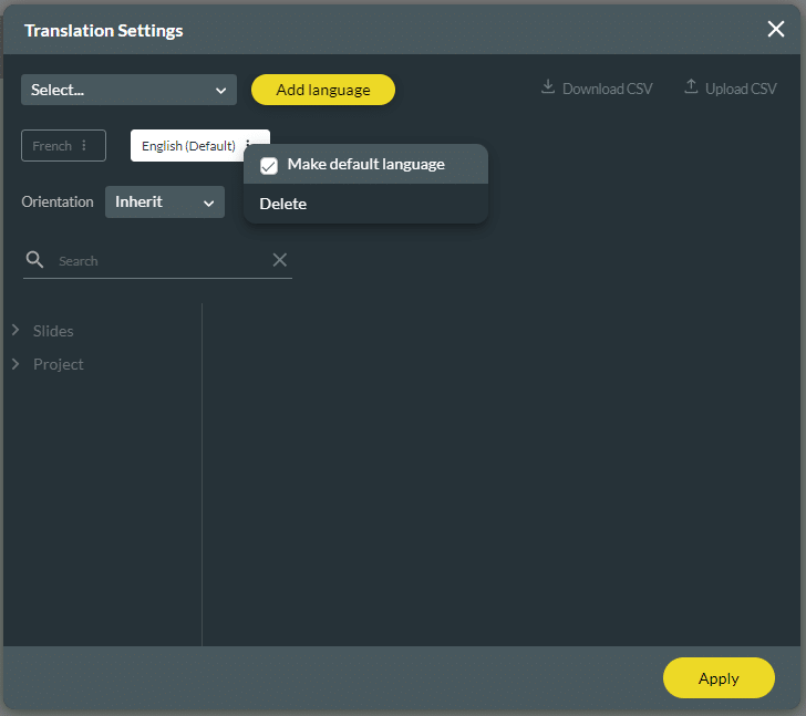 Translations Settings screen