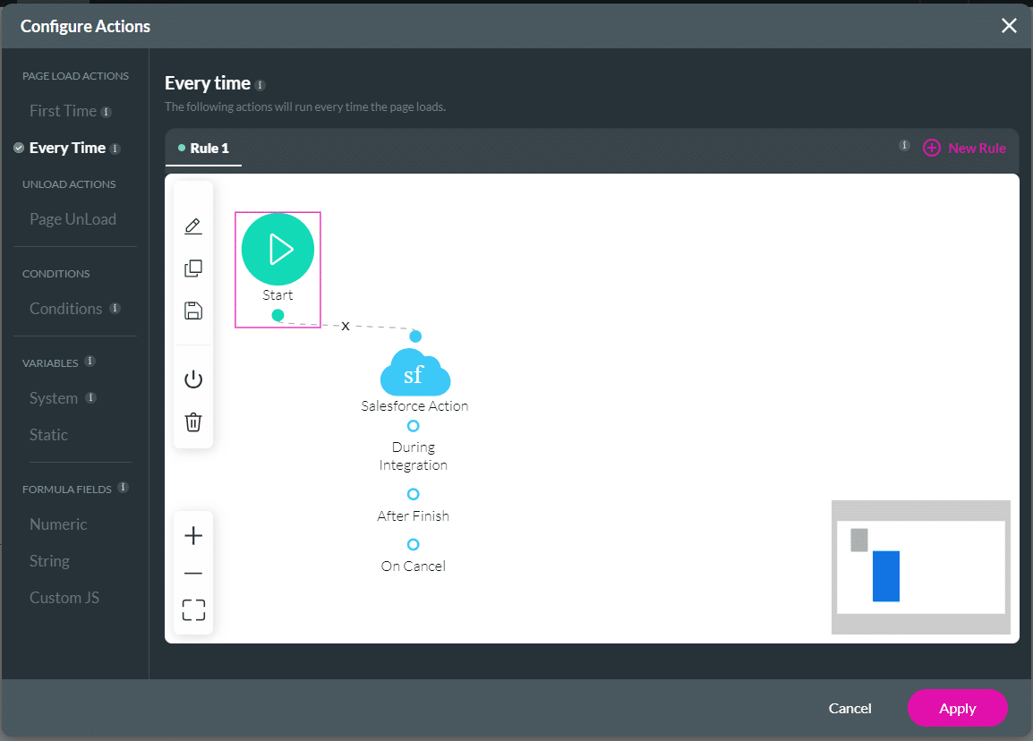 Configure Actions screen