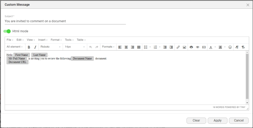 Custom Message - HTML mode