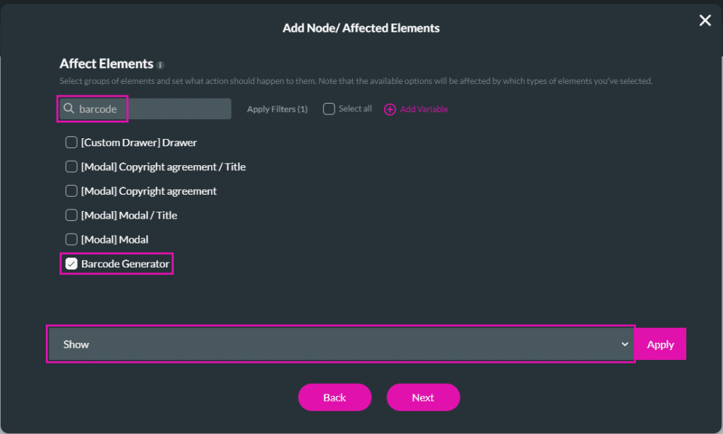 Add Node/ Affected Elements screen