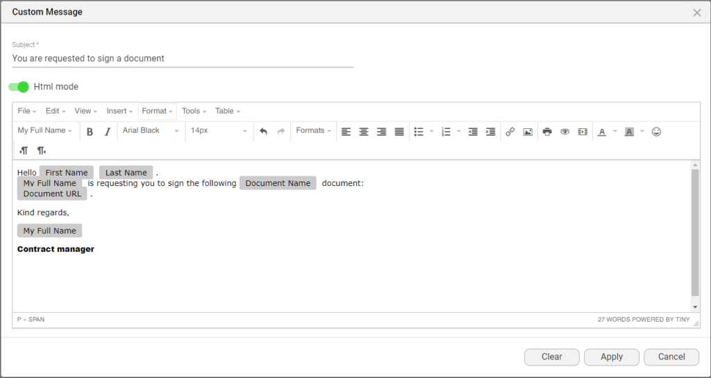 Custom Message screen - HTML mode