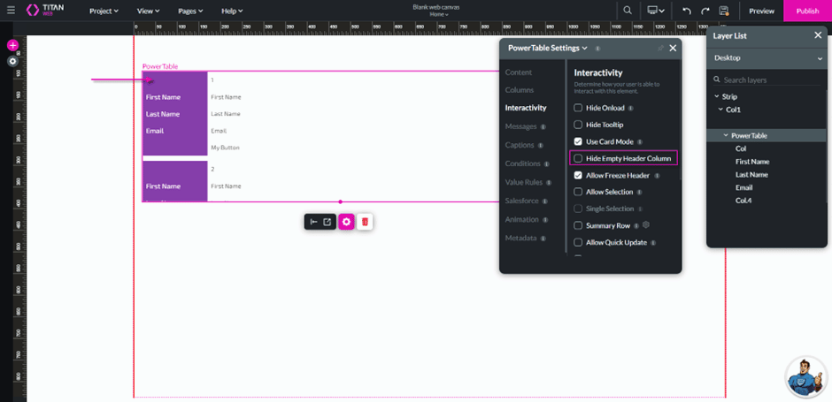 Empty header row in the power table