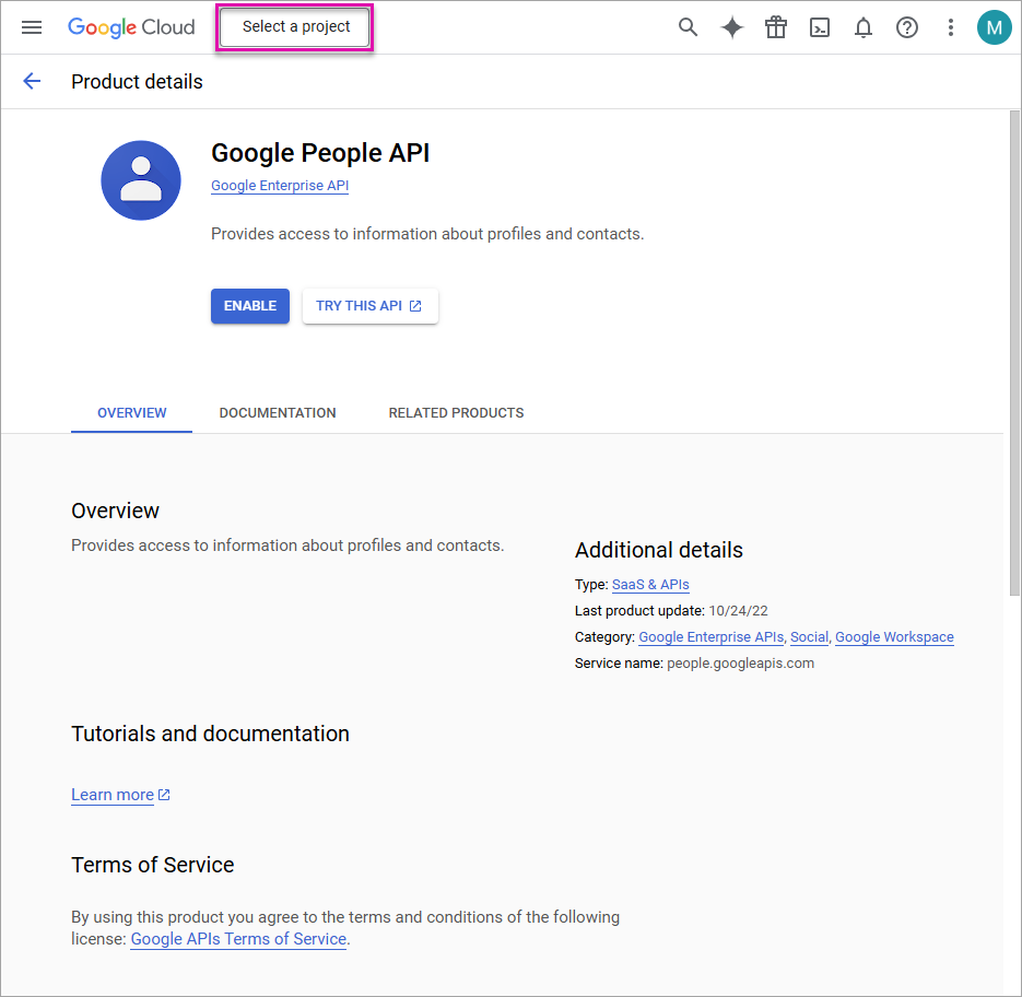 Select a project button