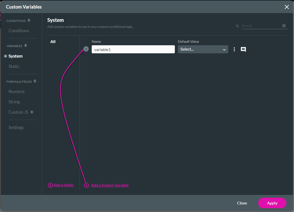 Custom Variables screen