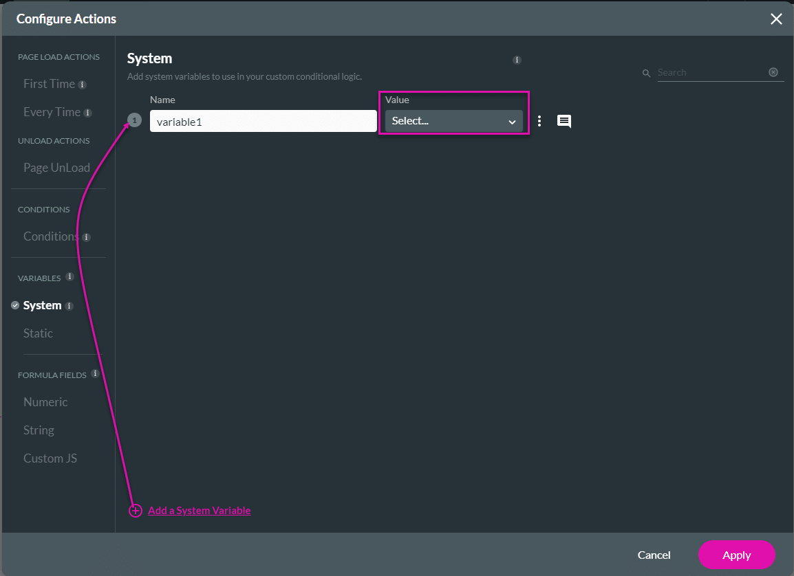 Configure Actions screen