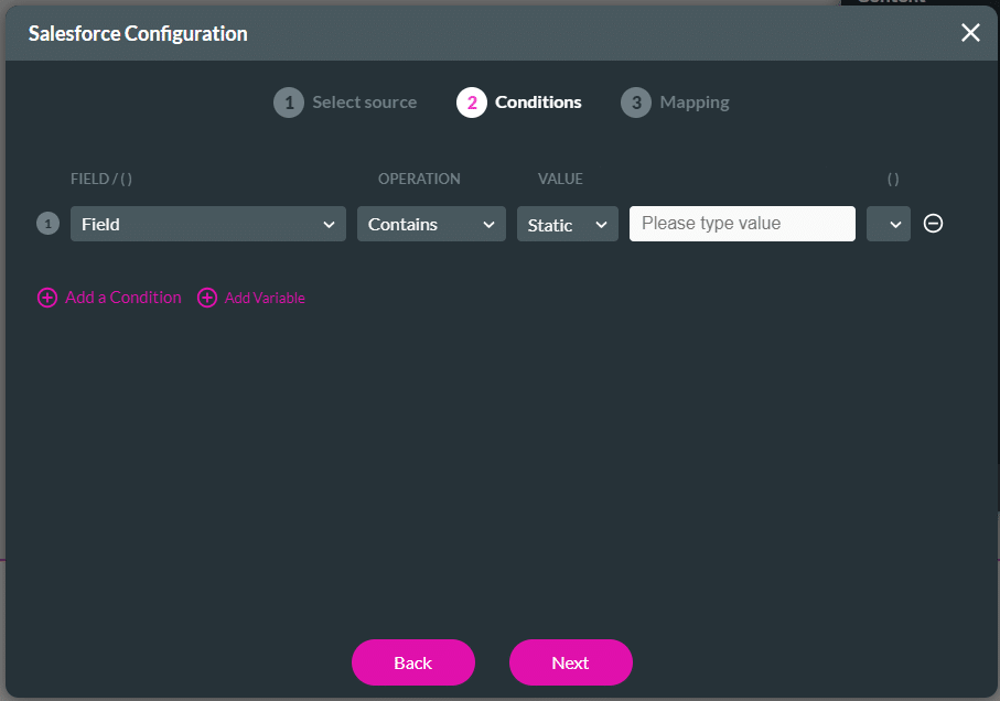 Salesforce Configuration screen > Conditions