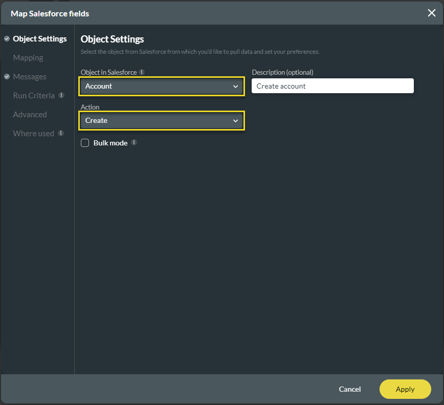 Map Salesforce fields screen