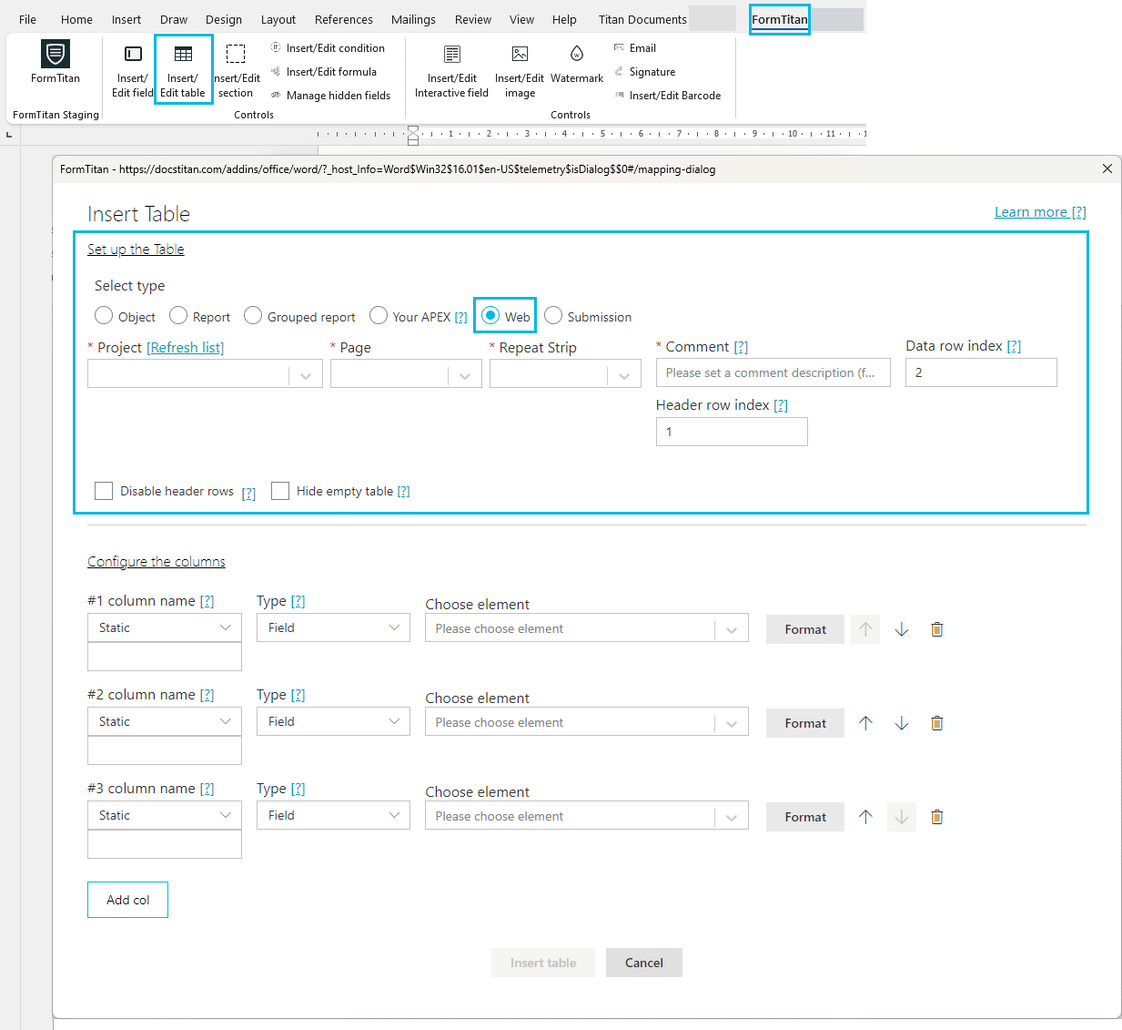 Form Titan>Insert/Edit Table
