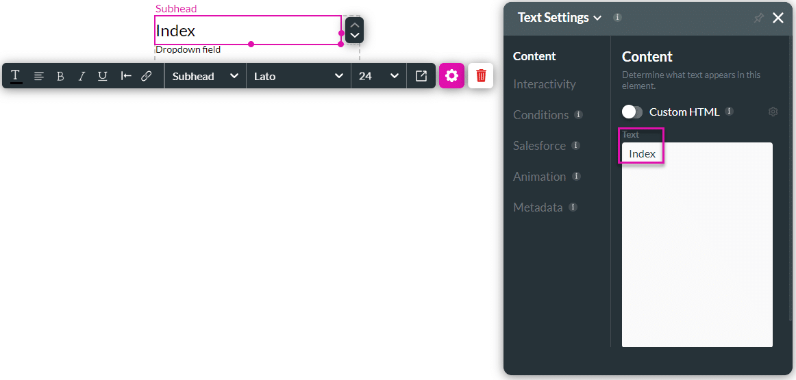 Text Settings screen