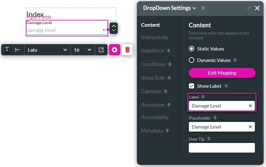 Drop-Down Settings screen