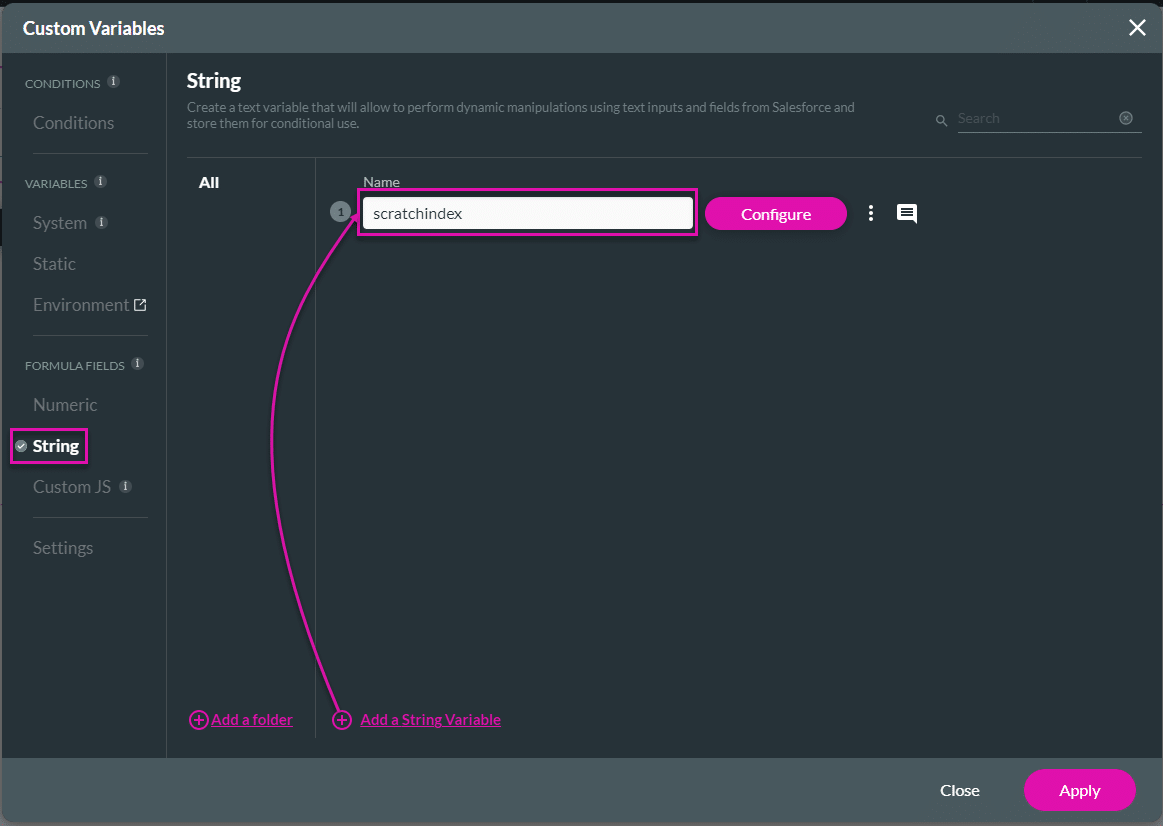 Custom Variables screen